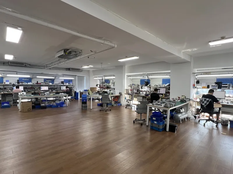 Production floor with assembly and test workstations
